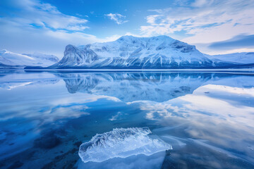pristine iced lake reflecting towering snowy mountains