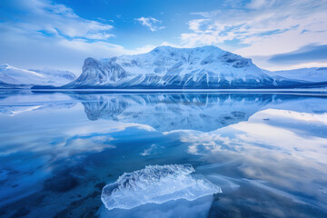 Obraz premium pristine iced lake reflecting towering snowy mountains