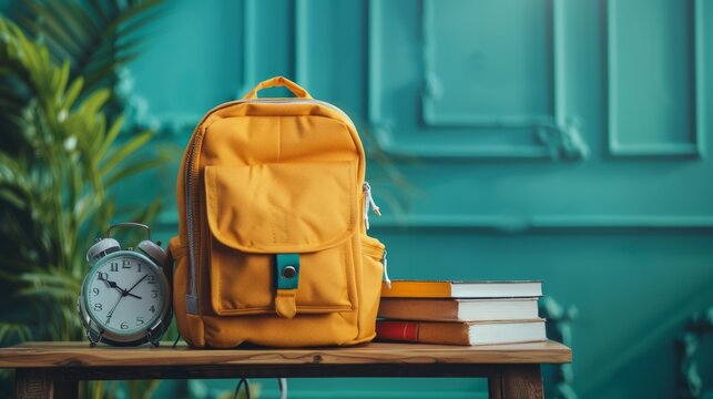 backpack, alarm clock, and book on school table in classroom showcase back to school theme against green background