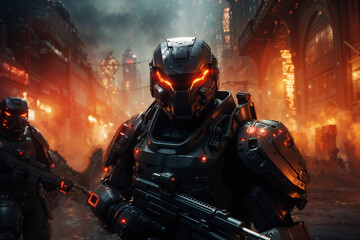 Futuristic Combatant in the Midst of Destruction, Fiery Dystopian Cityscape Background