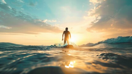 A man stands balanced on a surfboard as he rides the waves in the ocean during a beautiful golden sunset.