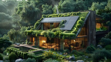 An architectural concept rendering of an eco-friendly house with green roofs and solar panels, set...