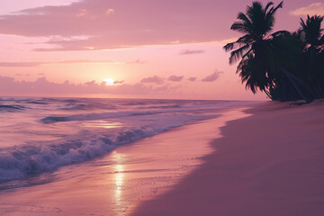 tropical beach at sunset, the sky painted in hues of pink and orange