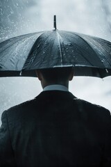 A man in a suit holding an umbrella in the rain. Suitable for business and weather concepts