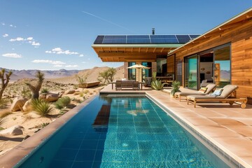 Fototapeta premium Eco-friendly desert retreat designed with sustainability in mind, featuring a solar-powered swimming pool, green roofing,