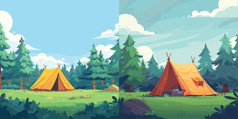 Vector illustration for outdoor recreation themes, Colorful tents set up in a lush forest under a clear sky.