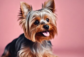 Naklejka premium Perro alegre con la legua afuera sobre un fondo de color rosado