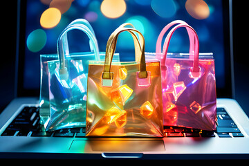 Paper Shopping bags on laptop computer keyboard Online sale ecommerce business concept abstract background