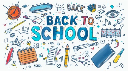 Fototapeta premium A vibrant and playful illustration featuring a variety of school supplies, emphasizing a fun back-to-school theme.