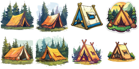 Vector art collection for outdoor adventure themes, Detailed illustrations of camping tents in various forest environments.