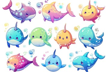 A set of cute cartoon narwhals, perfect for children's illustrations