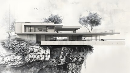 An engineering drawing of a cantilever house over a cliff, with detailed structural supports and panoramic views.