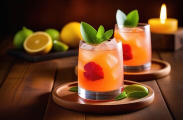 Fototapeta premium An orange coctail with ice in a beautiful glass stands on the table. There are a fruits on the table. There are mint leaves nearby and a candle is burning.