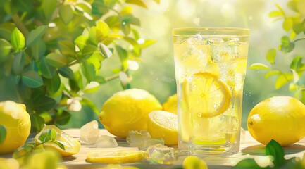 Lemonade with ice and lemon background green leaves. Refreshing summer beverage, cool citrus cocktail with splash lime and slice. Homemade and natural, drink healthy. Freshness nature in glass - Powered by Adobe