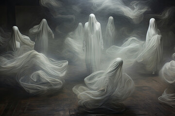 Group of six ethereal beings ghosts with white robes, floating in a dark room filled with smoke. Their robes appear to be made of flowing fabric and they seem to be dancing.