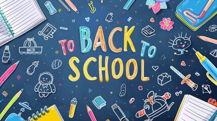 A vibrant and playful illustration featuring a variety of school supplies, emphasizing a fun back-to-school theme.