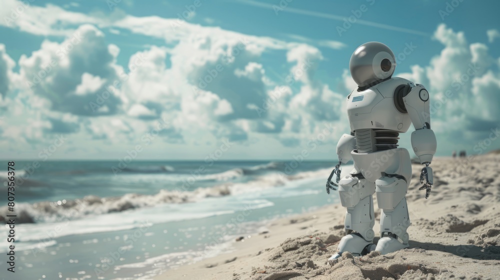 Poster a robot is walking on the beach next to the ocean, its mechanical legs leaving imprints in the sand 