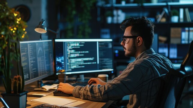 A software developer works on code late into the night, illuminated by the glow of multiple computer screens in a modern office. AIG41