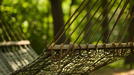 Camping hammock, close-up of woven fabric and sturdy ropes, forest backdrop 