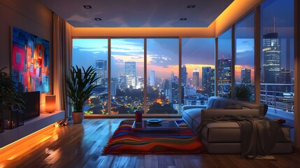 HD wallpaper of a chic modern apartment with stylish )cor, vibrant artworks, and a city view