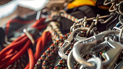 Adventure guide's climbing gear, close-up of carabiners and ropes, safety first 