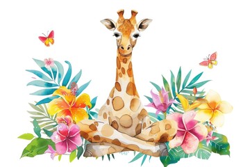 A giraffe sitting in the middle of a lush jungle. Perfect for nature and wildlife themes