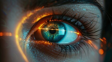 close-up of a blue eye with laser beams, representing eye health, diagnosis, treatment, and verification of eyesight