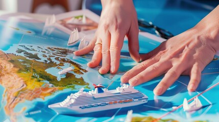 Obraz premium Travel agent's hands over cruise ship routes, close-up, booking dream vacations 
