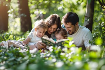 portrait of an Caucasian family reading book together
