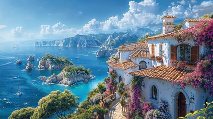  a charming Mediterranean seaside village showcasing the idyllic summer atmosphere of Southern Europe. Generative ai