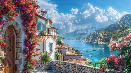  a charming Mediterranean seaside village showcasing the idyllic summer atmosphere of Southern Europe. Generative ai