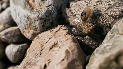 Octopus camouflaging with rocks, close-up of eyes and tentacles, clever disguise -