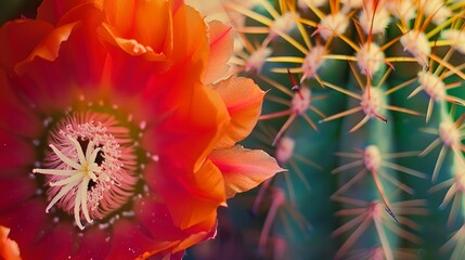Cactus flower blooming, close-up of vibrant petals against arid backdrop 
