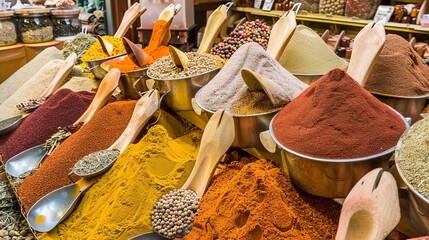 Local market spices, close-up of colorful piles and traditional scoops 