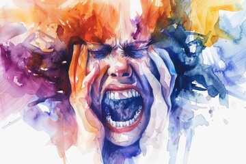 A realistic watercolor painting of a man screaming. Suitable for various design projects