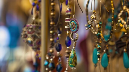 Artisan jewelry stand, close-up of handcrafted earrings and necklaces, vibrant craftsmanship