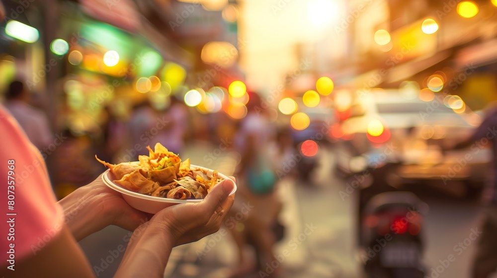 Wall mural Traveler enjoying street food, close-up on hands holding a local delicacy, bustling city scene behind, vibrant colors 