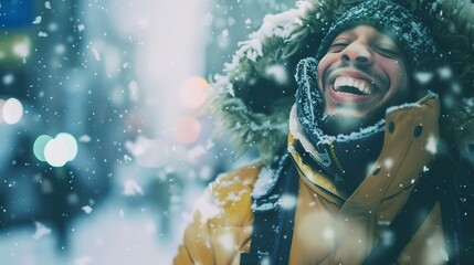 Backpacker experiencing first snowfall in a city, close-up on joyful expression, blurred snowy background