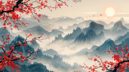 Decorative gold oriental wallpaper with cherry blossoms, branches, and mountains in the foreground, followed by the sun and mountains in the background.