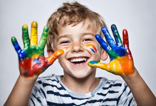 ni&ntilde;o sonriente con las manos pintadas de color
