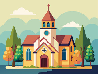 Naklejka premium Flat design christian church building. Vector illustration for religion architecture design. Cartoon church building silhouette with cross, chapel, fence, trees. Catholic holy traditional symbol. 