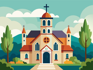 Naklejka premium Flat design christian church building. Vector illustration for religion architecture design. Cartoon church building silhouette with cross, chapel, fence, trees. Catholic holy traditional symbol. 