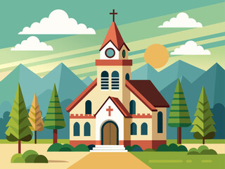 Naklejka premium Flat design christian church building. Vector illustration for religion architecture design. Cartoon church building silhouette with cross, chapel, fence, trees. Catholic holy traditional symbol. 