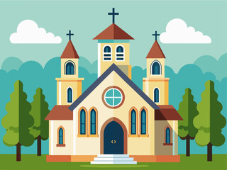 Naklejka premium Flat design christian church building. Vector illustration for religion architecture design. Cartoon church building silhouette with cross, chapel, fence, trees. Catholic holy traditional symbol. 