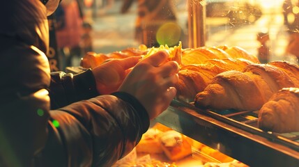 Traveler savoring a pastry at a Parisian bakery, close-up on hands breaking bread, warm morning...