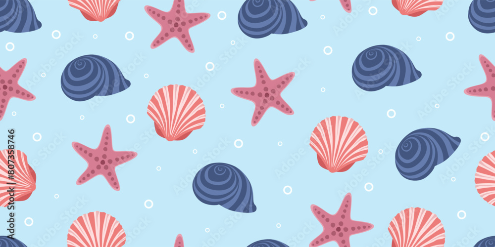 Wall mural seamless pattern with seashell of snail, scallop and marine starfish. marine undersea mollusc, clam  - Wall murals