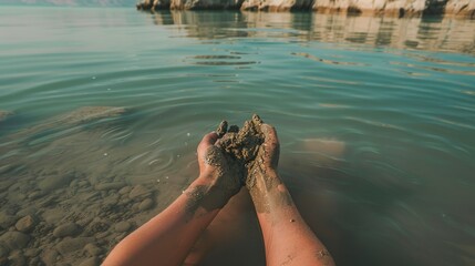 Tourist floating in the Dead Sea, close-up on hands lifting mineral-rich mud, serene water background 