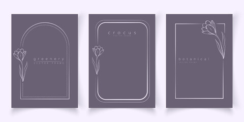 Botanical line art illustration set of crocus flower frames templates for wedding invitation and cards, logo design, web, social media and posters template. Elegant minimal style floral vector isolate