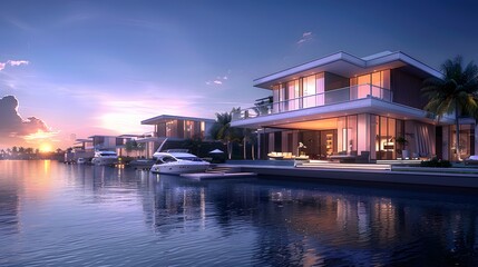 HD wallpaper of a luxury marina development with modern waterfront homes, yachts docked nearby, and...