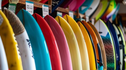 A collection of surfboards neatly organized and hanging on a rack.